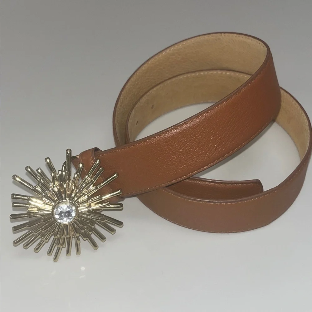 Boston Proper Tan Leather Belt with gold tone sunburst with stone size 12 / M